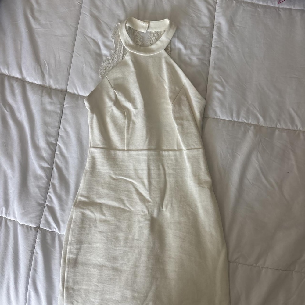 Elegant White One-Shoulder Halter Dress with Lace Detail